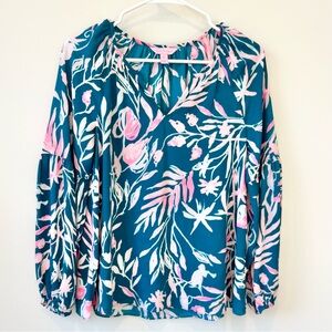 Lilly Pulitzer KAHLI Blue Grotto Bell Sleeve Flowy Top Sz XS